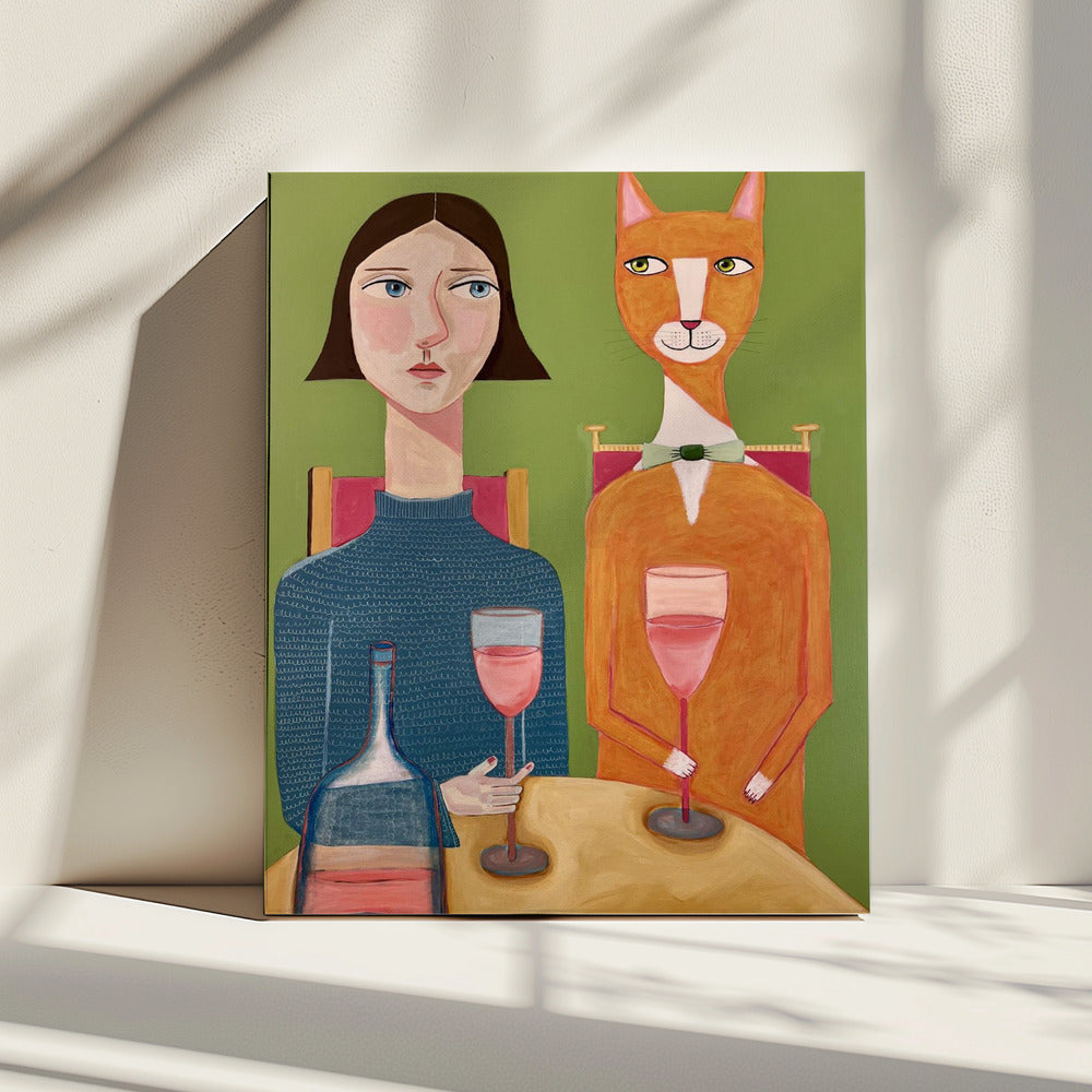 Dame und Katze trinken Wein | Leinwand