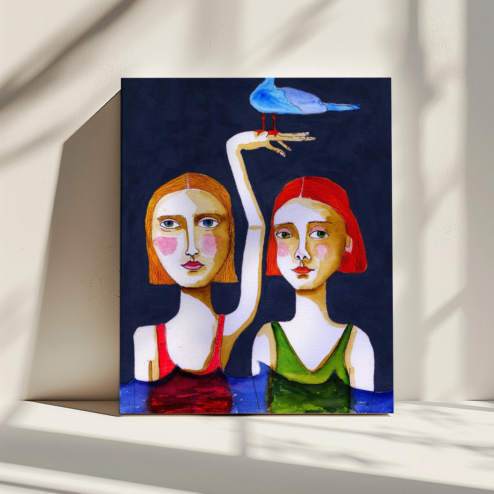 Schwimmende Mädchen mit blauer Möwe. | Leinwand