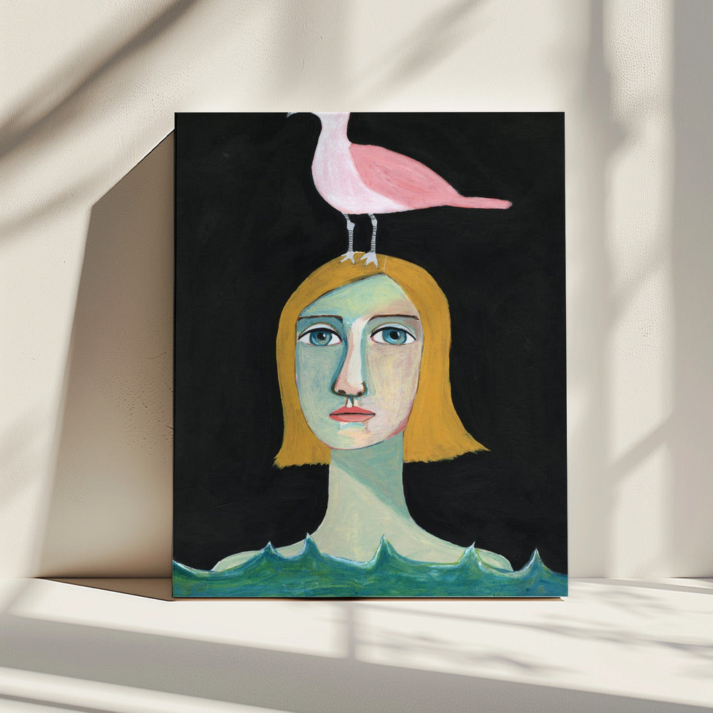 Schwimmendes Mädchen mit rosa Möwe | Leinwand