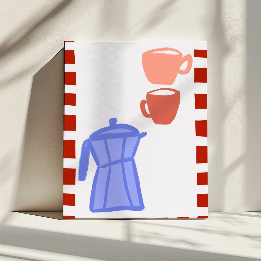 Minimalistische blaue Kaffeekanne und zwei rosa Tassen | Leinwand