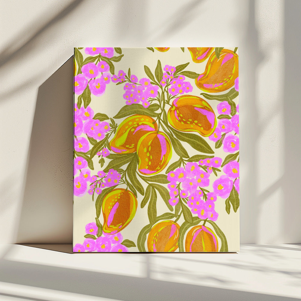 Tropisches Thema mit üppigen Mangos und Blumen | Leinwand
