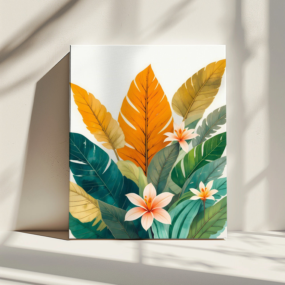 Tropische Blätter und zarte Blüten | Leinwand