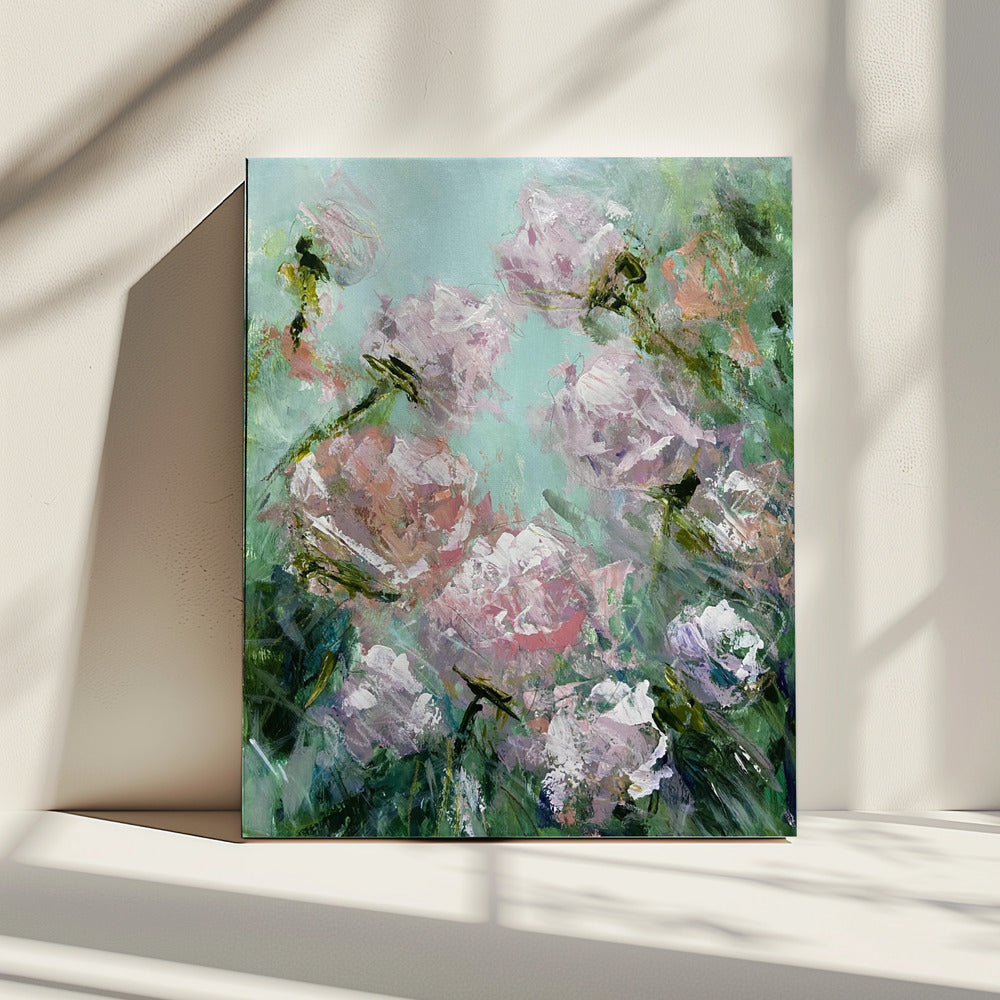 Florale Pinselstriche in Rosa und Grün | Leinwand