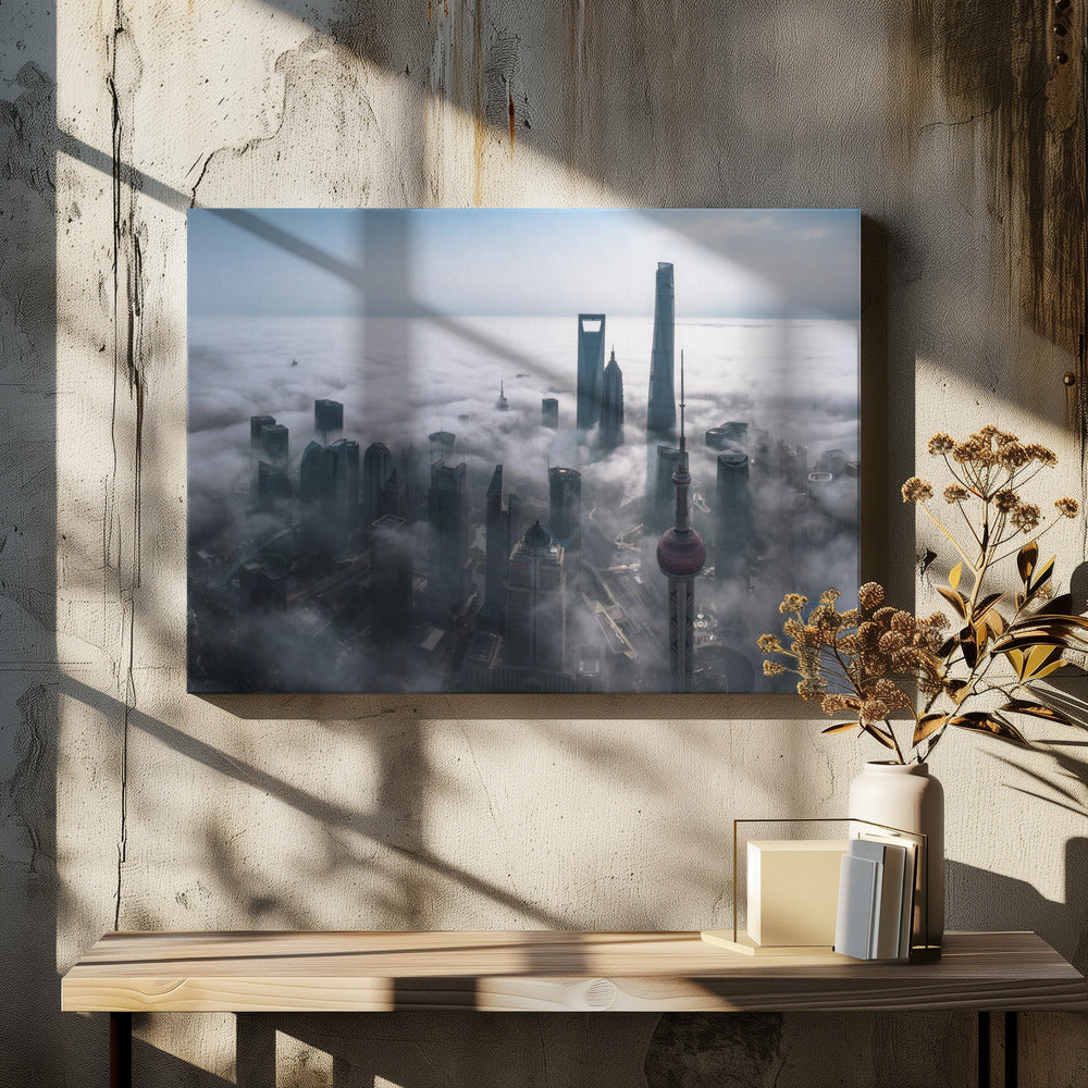 Shanghai im Nebel von oben | Leinwand