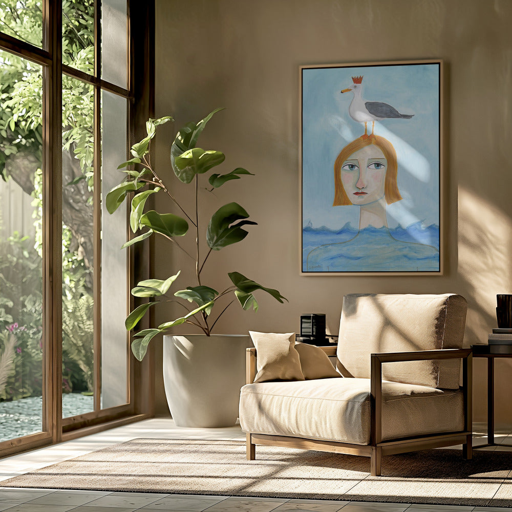 Nackte Dame im Ozean mit Möwe | Poster