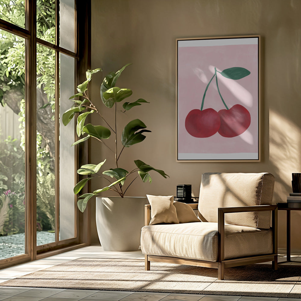 Rote Kirschen mit grünem Blatt | Poster