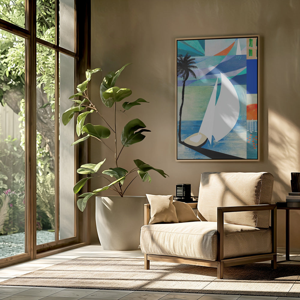 Farbenfroher mediterraner Reisekunstdruck mit Sonnenaufgang und Palme | Poster