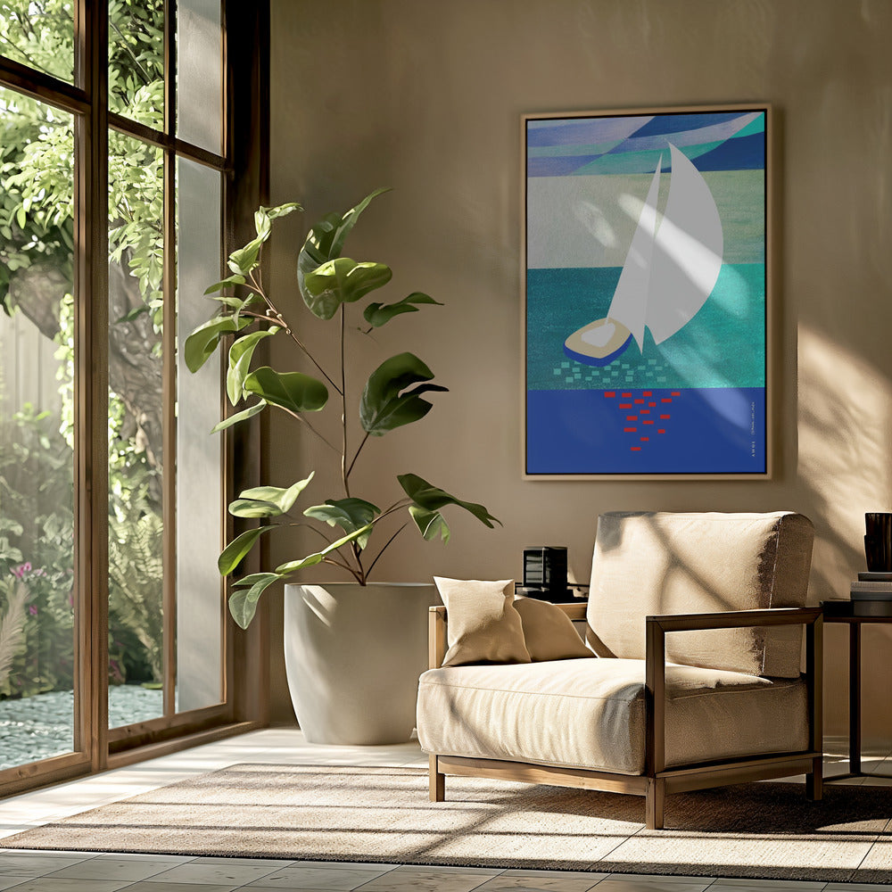 Weißes Segelboot mit Spiegelungen, abstrakte Meereskunst mit grafischen Streifen | Poster