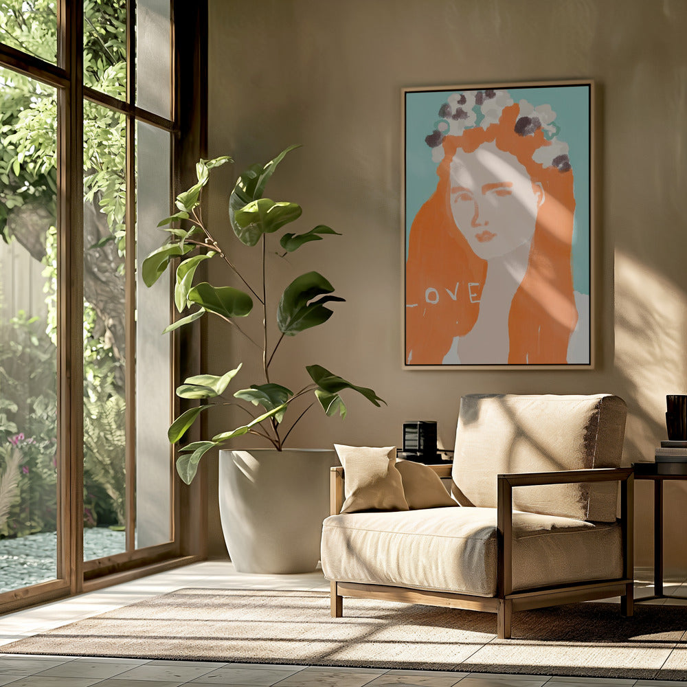 Frau mit orangefarbenem Haar, geschmückt mit Blumen | Poster