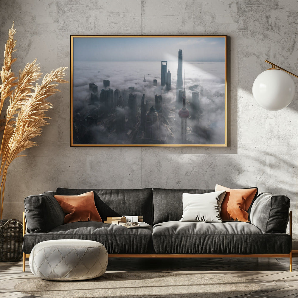 Shanghai im Nebel von oben | Leinwand