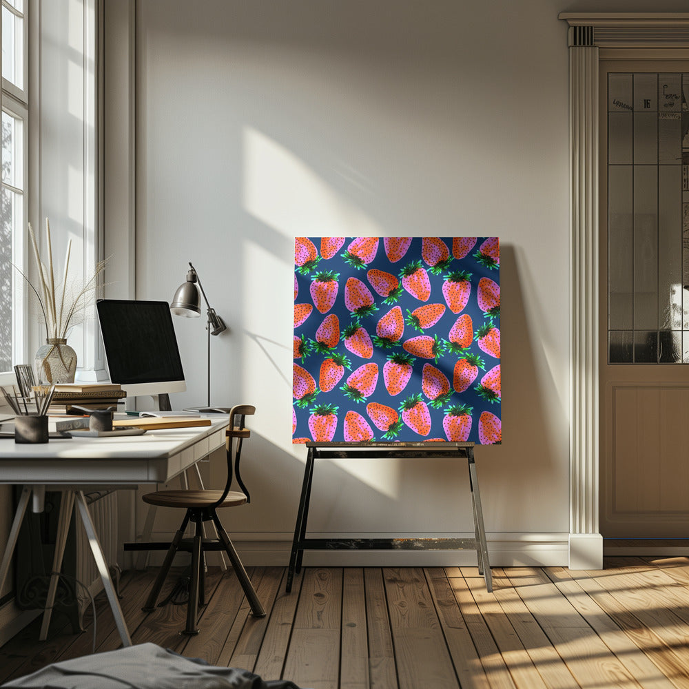 Roter Lavendel auf marineblauen Erdbeeren | Leinwand