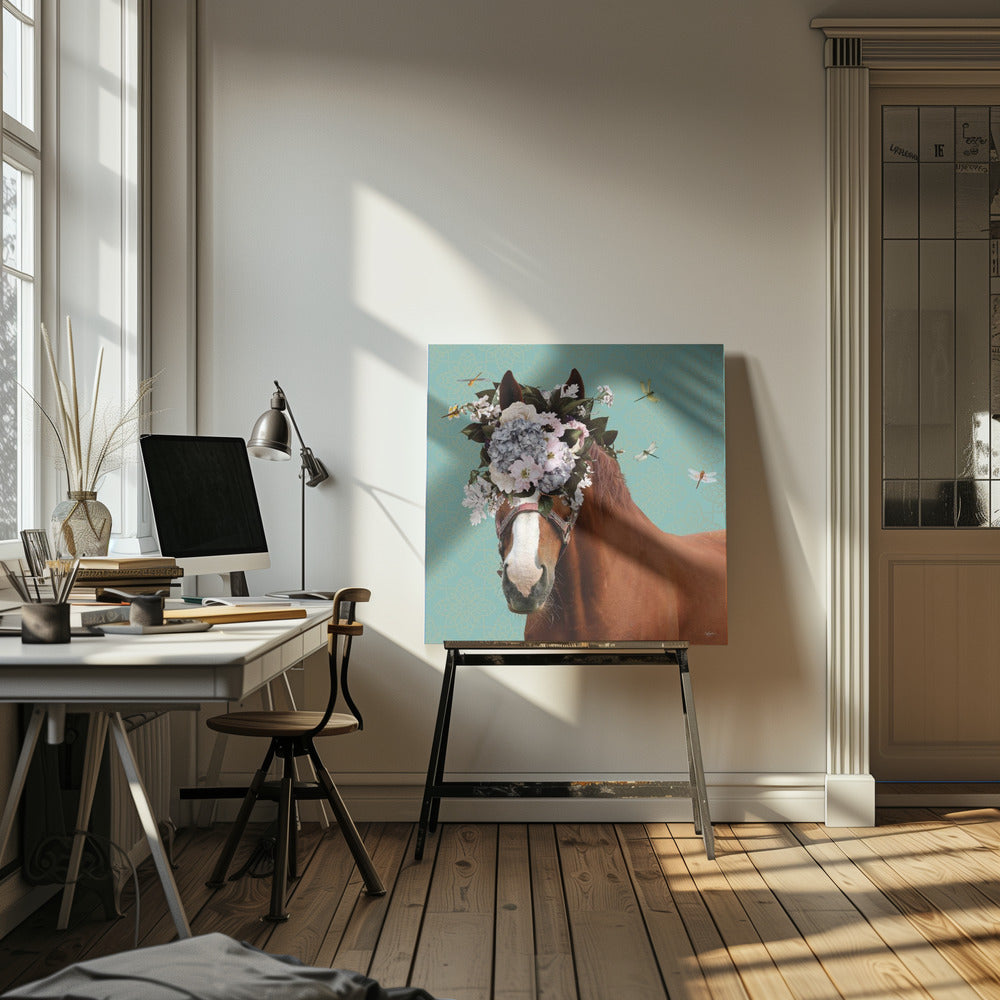 Frühlingsblumenhaube auf Pferd | Leinwand