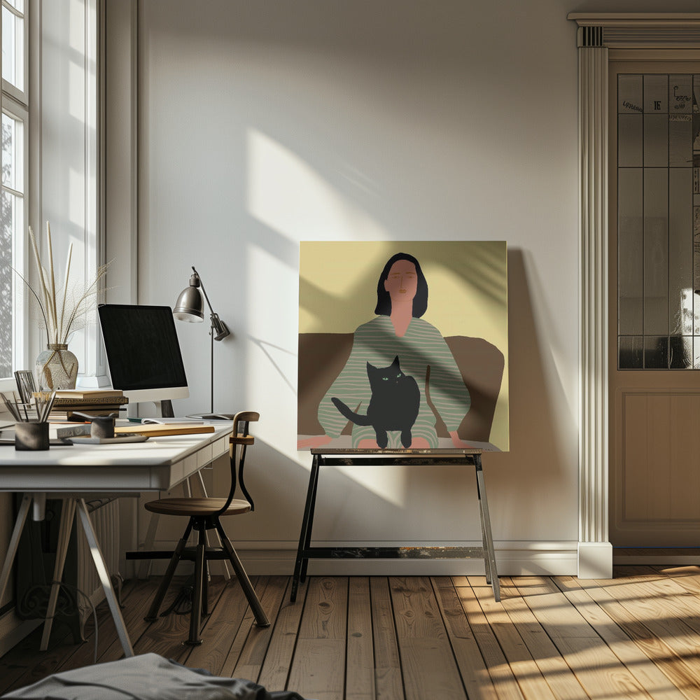 Sitzende Dame mit schwarzer Katze. | Leinwand