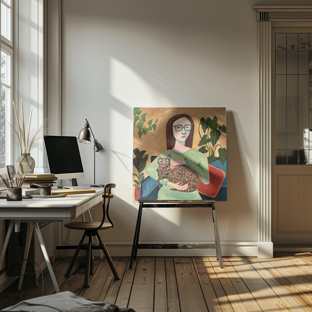 Dame mit ihrer Katze im Wohnzimmer | Leinwand