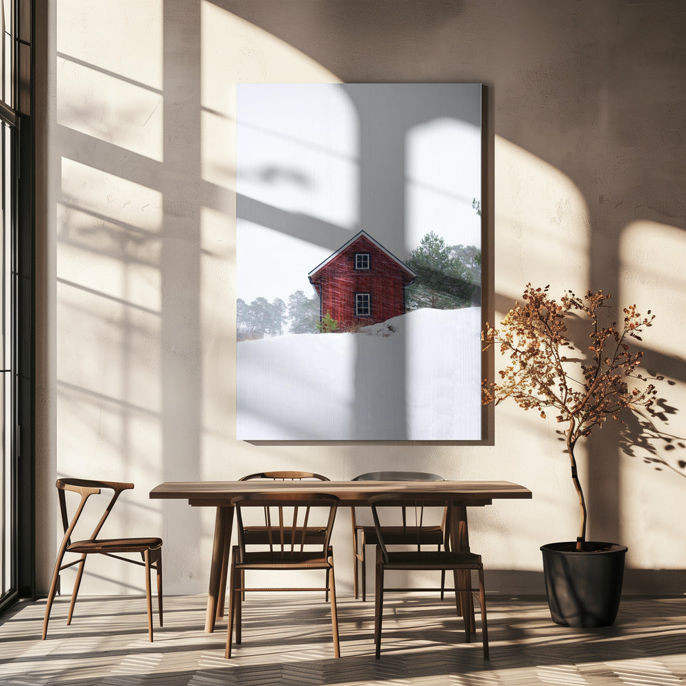 Altes rotes Haus während eines Schneesturms | Leinwand