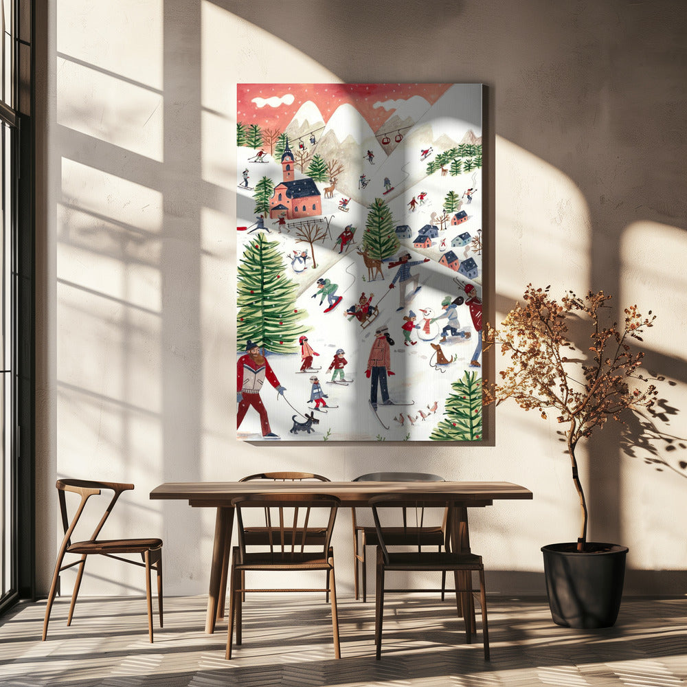 Berglandschaft mit Häusern im Schnee | Leinwand
