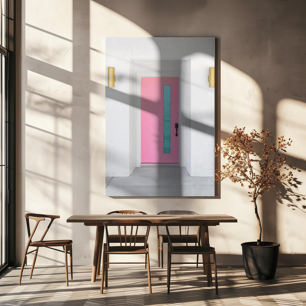 Rosa Tür mit blauem Fenster | Leinwand