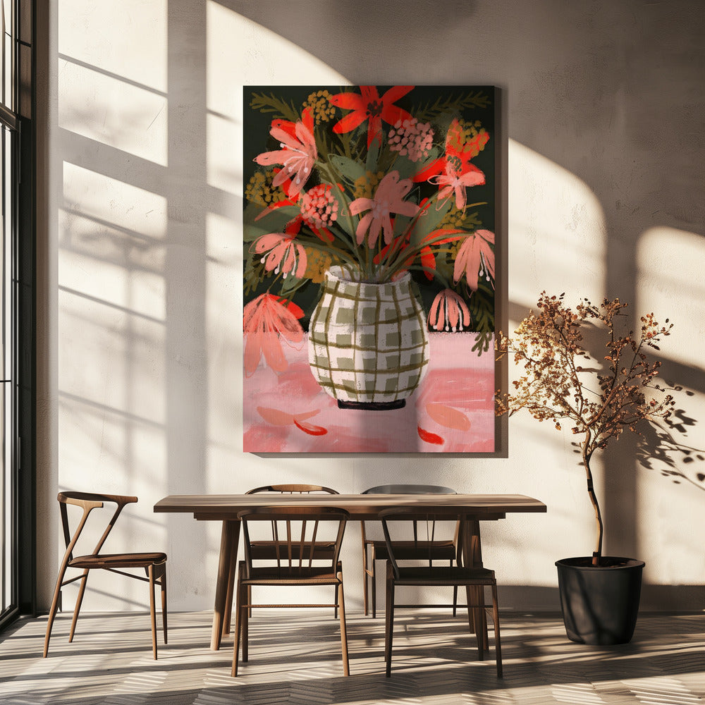 Blütenblätter in gemusterter Vase | Leinwand