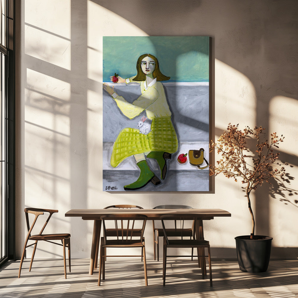 Dame und der Hase mit Apfel | Leinwand