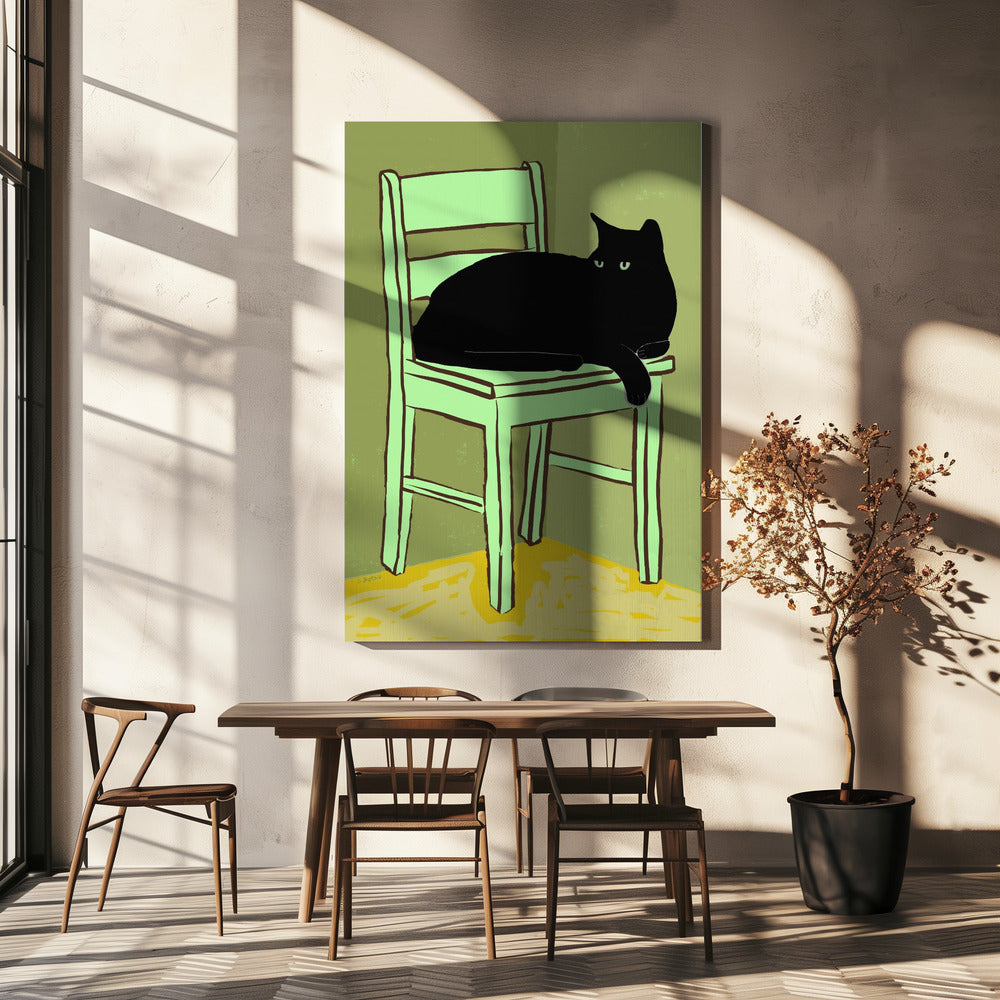 Schwarze Katze auf Stuhl | Leinwand