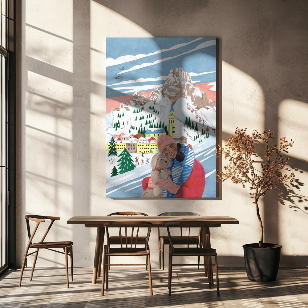 Winterszene Frau und Hund | Leinwand