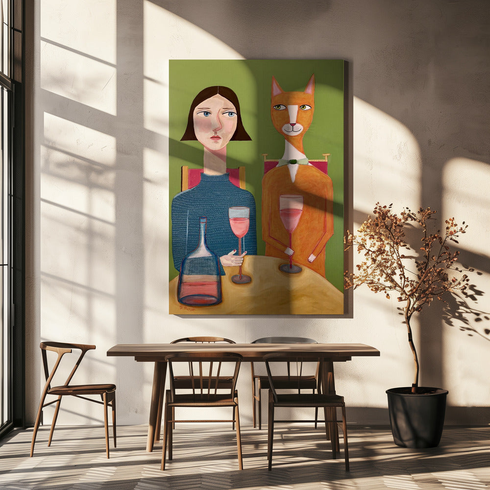 Dame und Katze trinken Wein | Leinwand