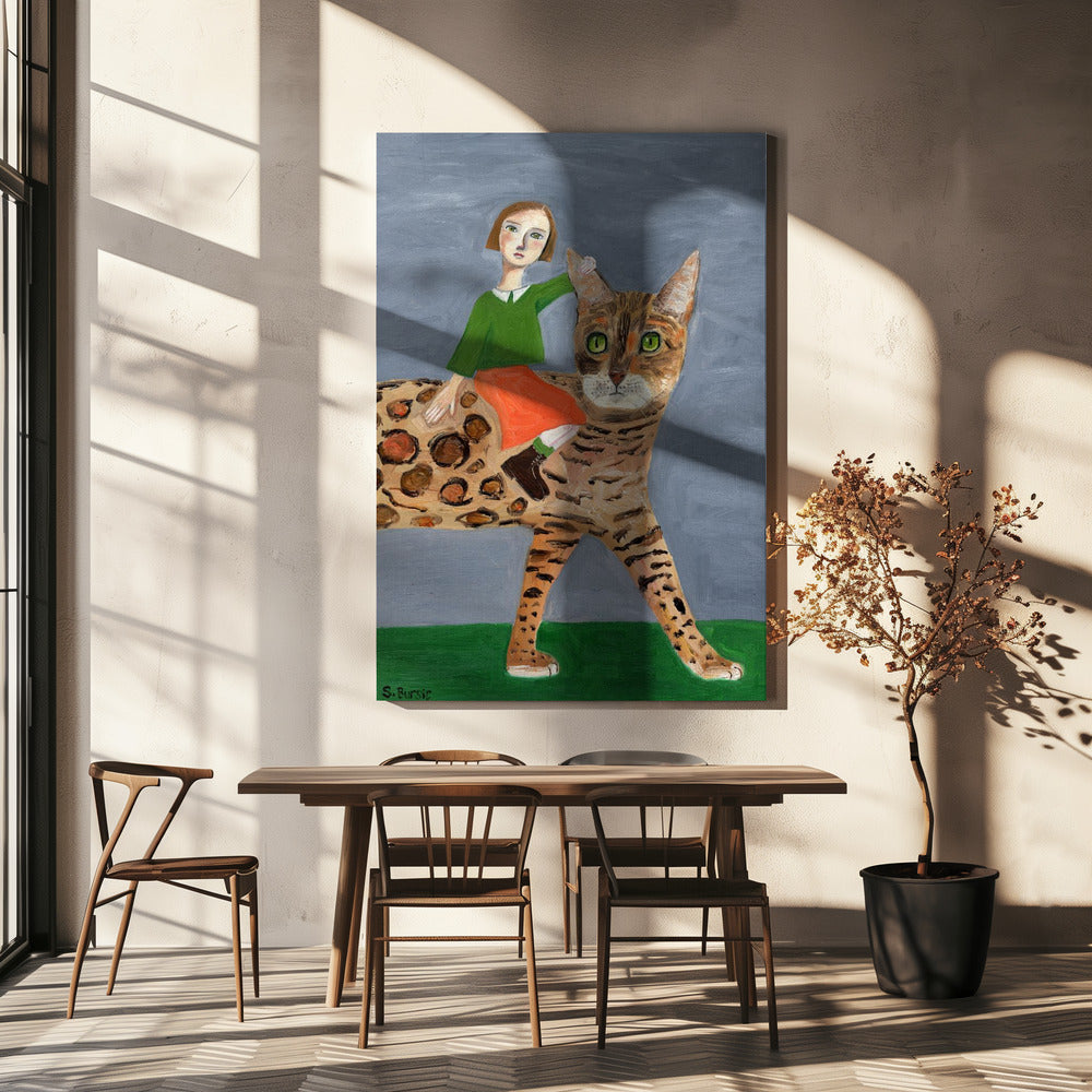 Mädchen auf Bengalkatze | Leinwand