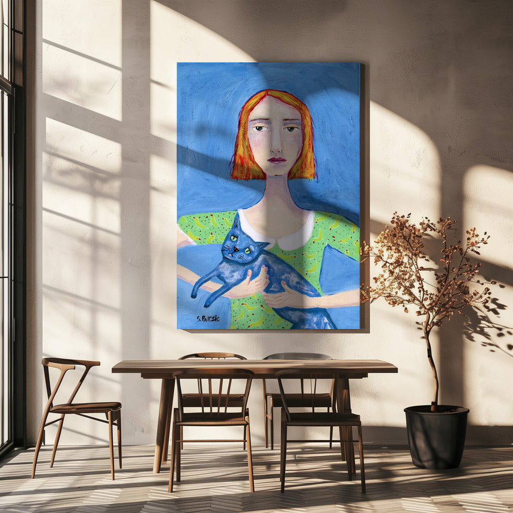 Dame mit der blauen Katze | Leinwand