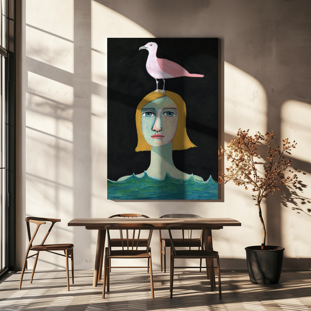 Schwimmendes Mädchen mit rosa Möwe | Leinwand