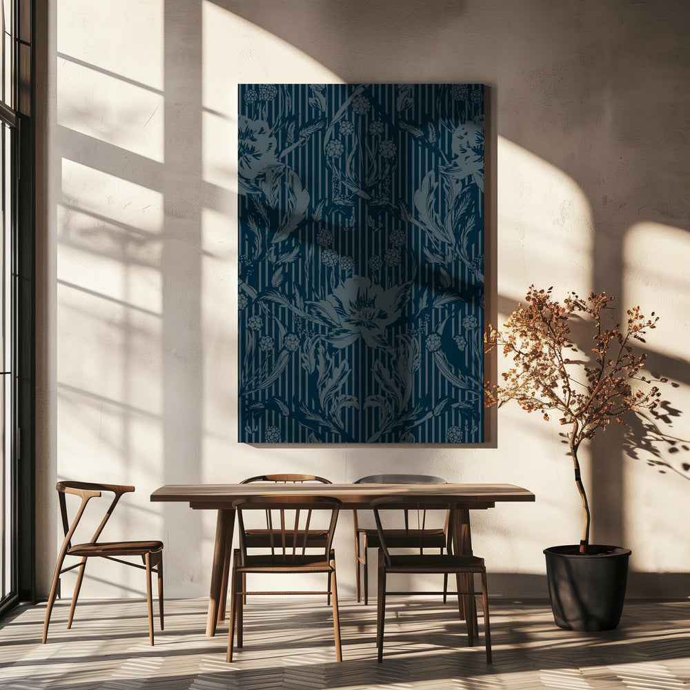 Floral Heritage Morris monochrome Streifen Mondscheinblau Muster | Leinwand