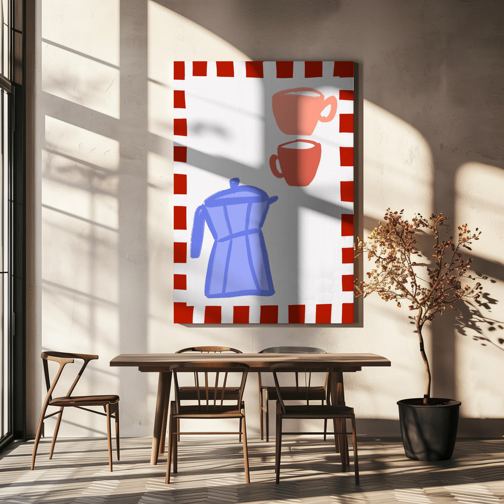 Minimalistische blaue Kaffeekanne und zwei rosa Tassen | Leinwand