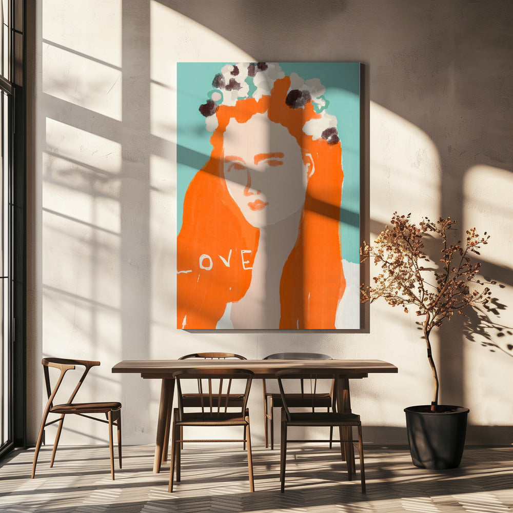 Frau mit orangefarbenem Haar, geschmückt mit Blumen | Leinwand
