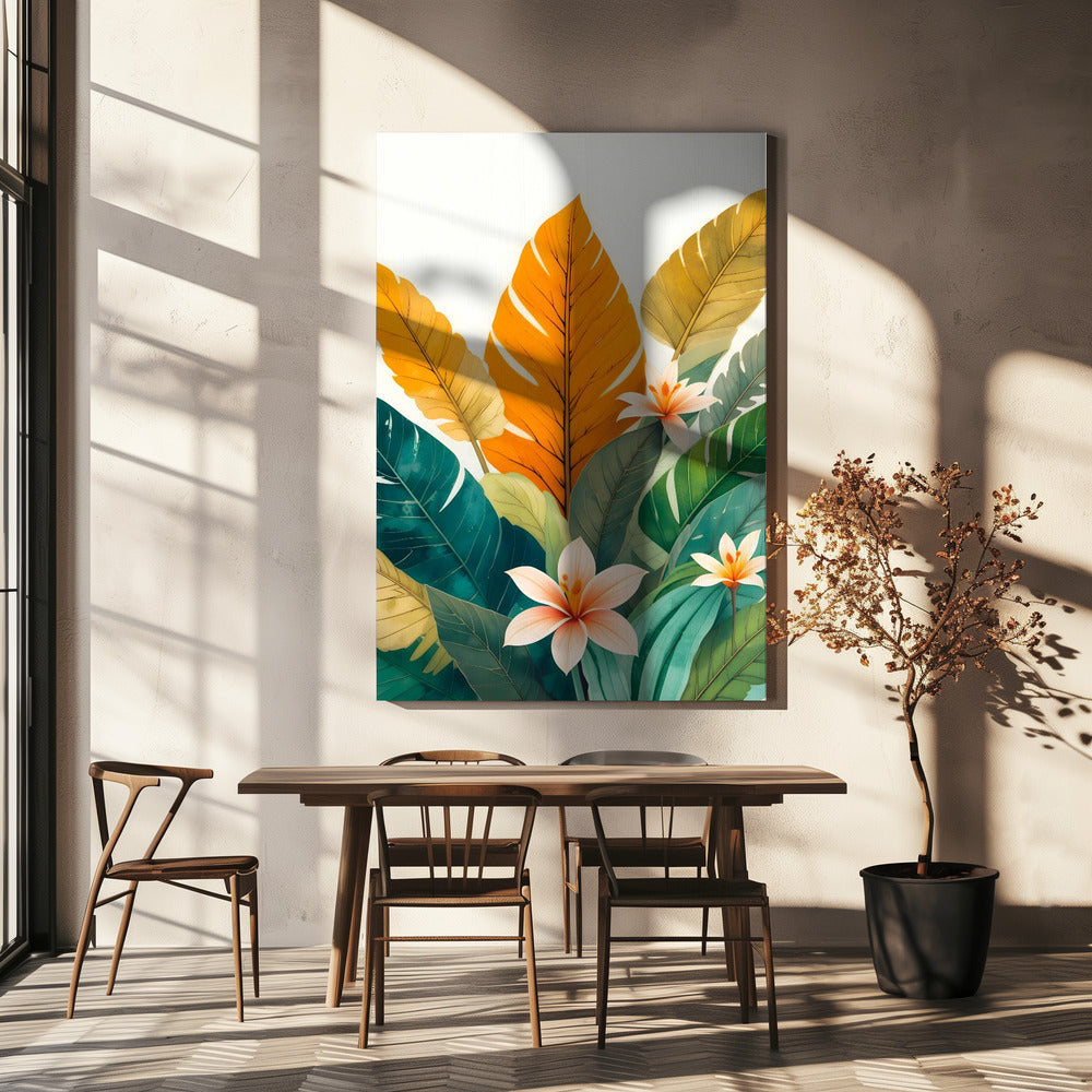 Tropische Blätter und zarte Blüten | Leinwand