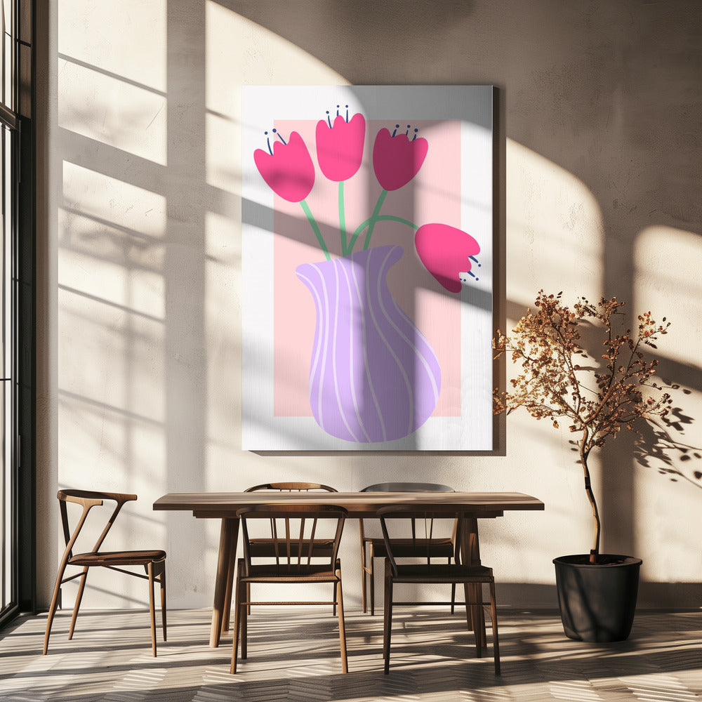 Leuchtende Tulpen in einer gestreiften Lavendelvase | Leinwand