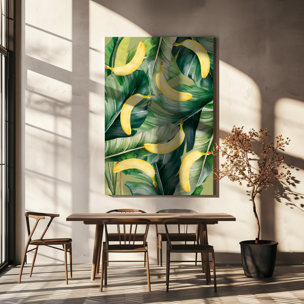 Ästhetisches Muster mit frischen Bananen und üppigen tropischen Blättern – Natürliches Aquarelldesign | Leinwand