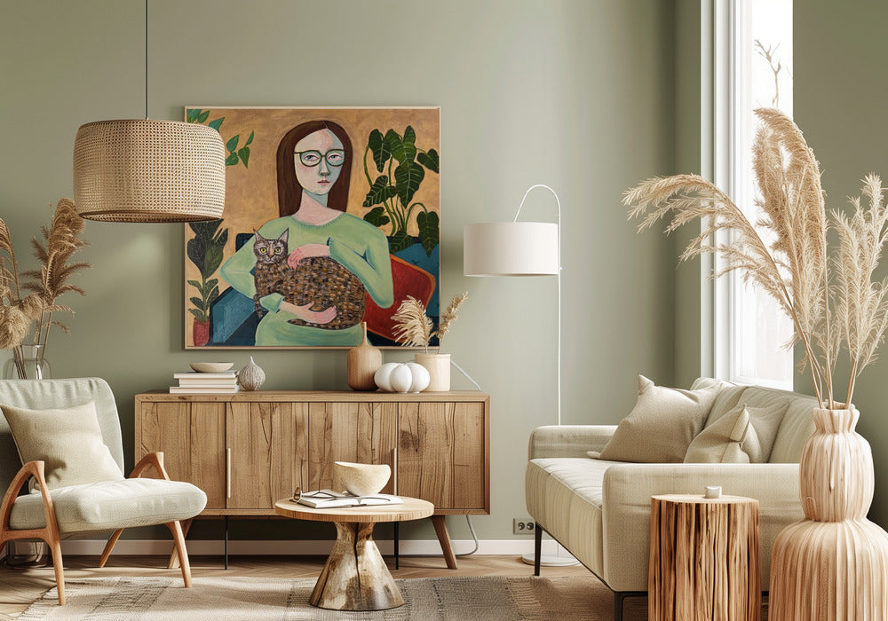 Dame mit ihrer Katze im Wohnzimmer | Leinwand