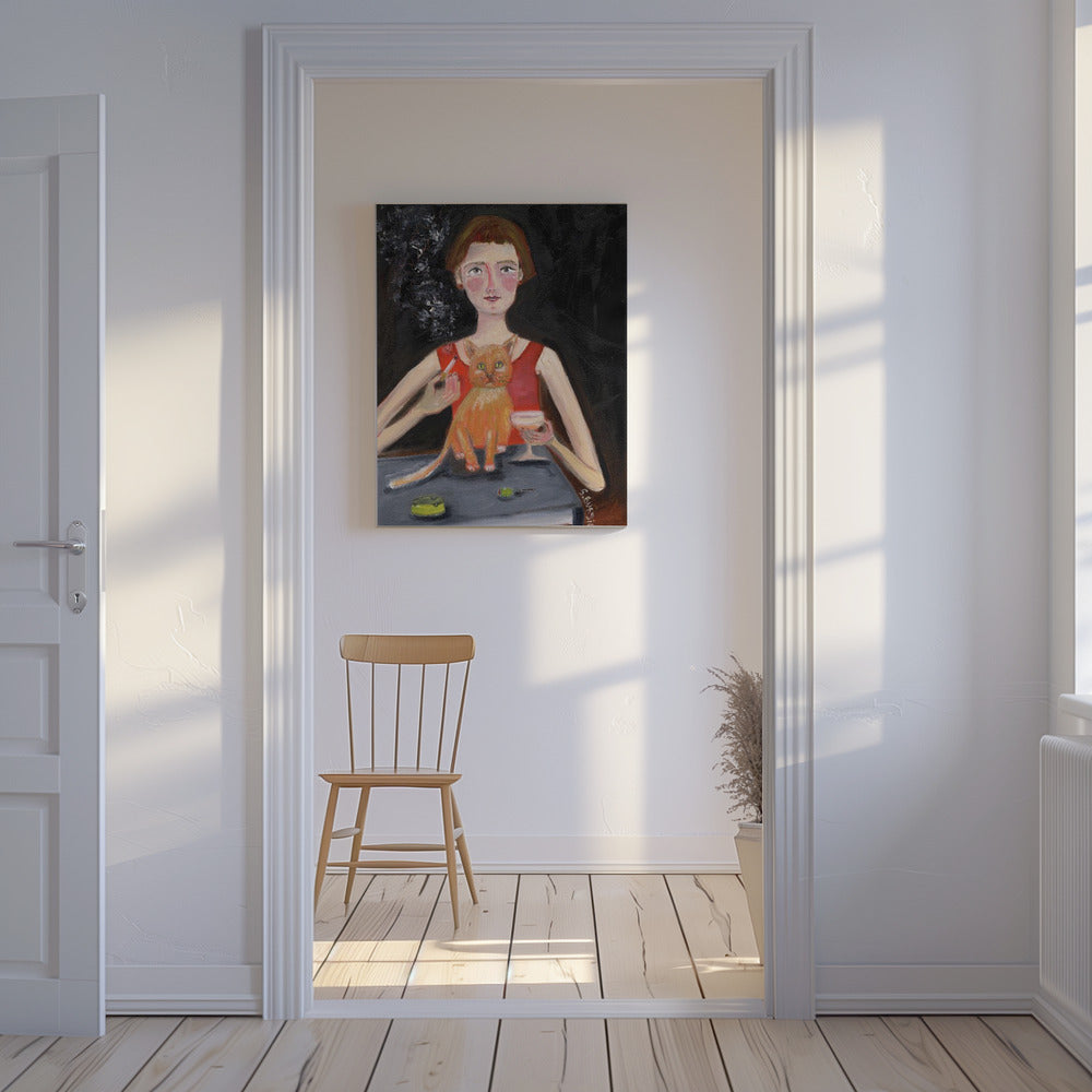 Vintage Frau mit Cocktail und Katze | Leinwand