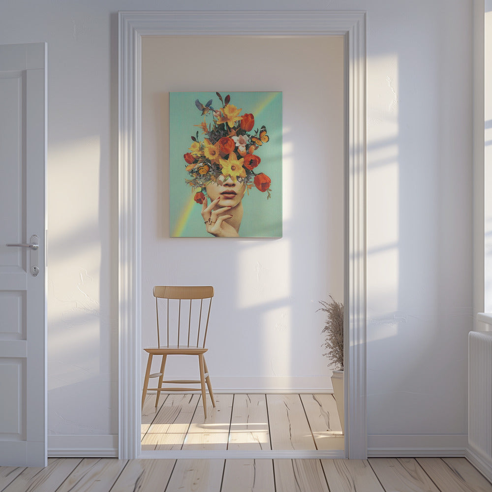 Baby blüht auf – Regenbogen, Blumen, Vögel und Schmetterlinge | Leinwand
