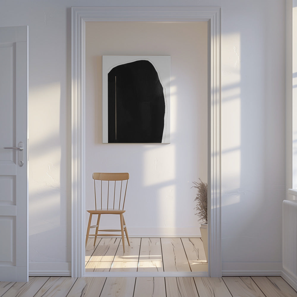 Unregelmäßige schwarze Form mit einer dünnen vertikalen Linie | Leinwand