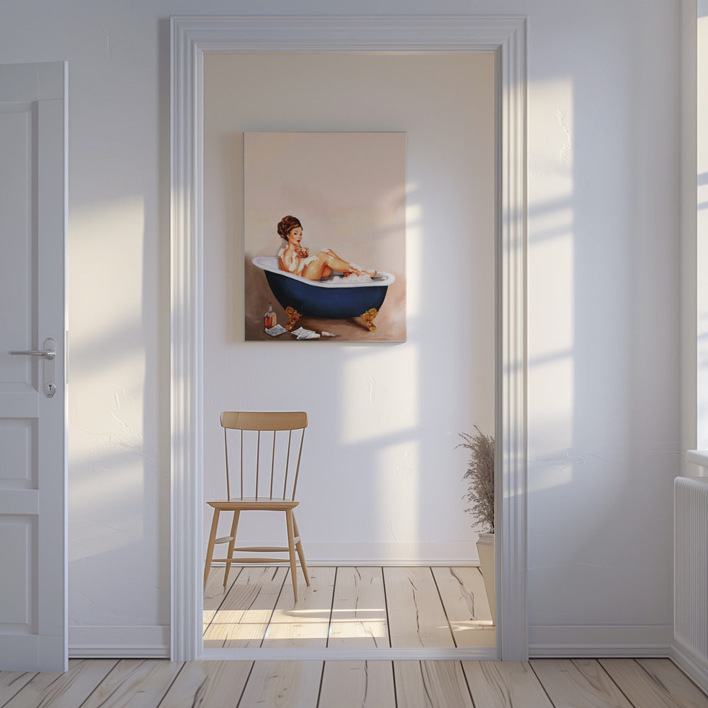 Badewannengetränke: Pinup-Girl trinkt im Badezimmer | Leinwand