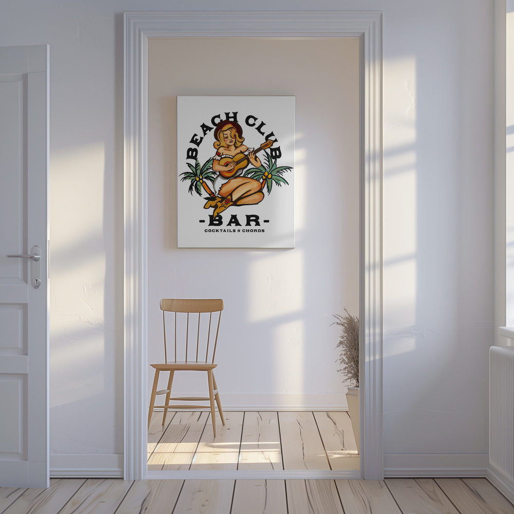 Beach Club Bar. Pin-up-Girl im Sailor Jerry-Stil spielt Gitarre | Leinwand