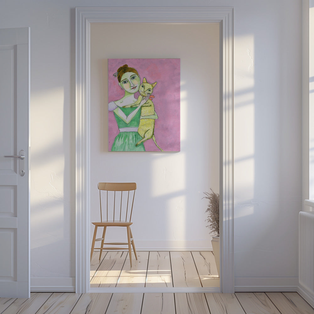Dame mit gelber Katze | Leinwand