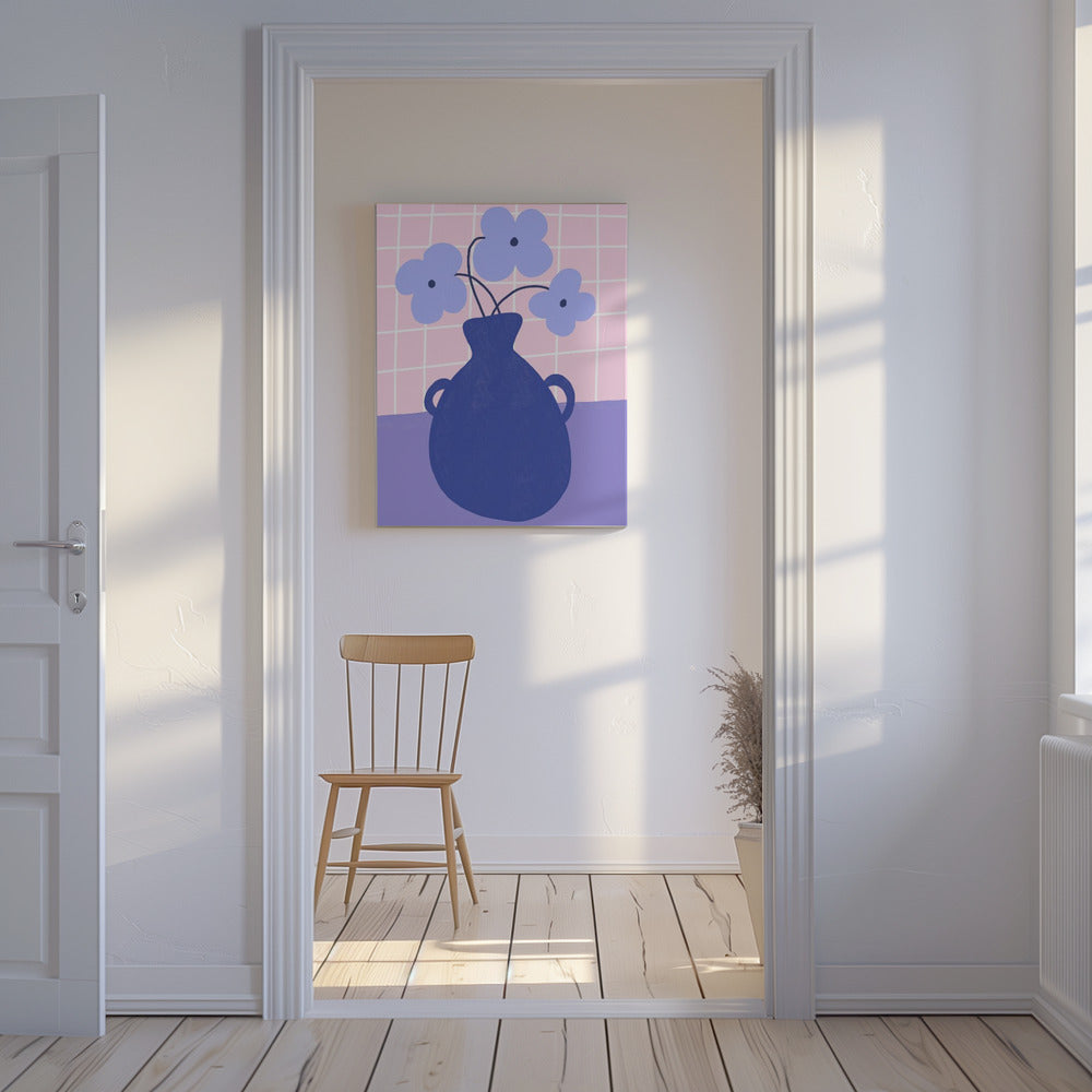 Minimalistische Vase mit blauen Blumen | Leinwand
