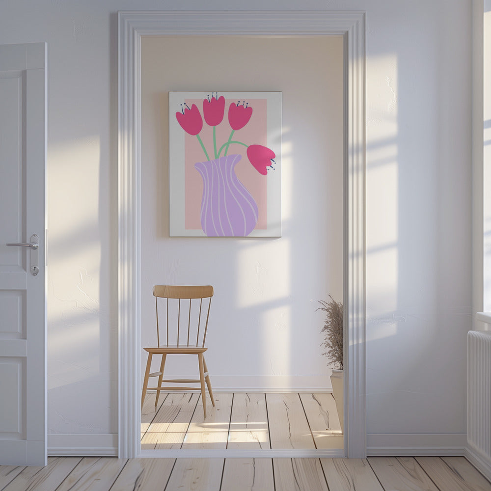 Leuchtende Tulpen in einer gestreiften Lavendelvase | Leinwand