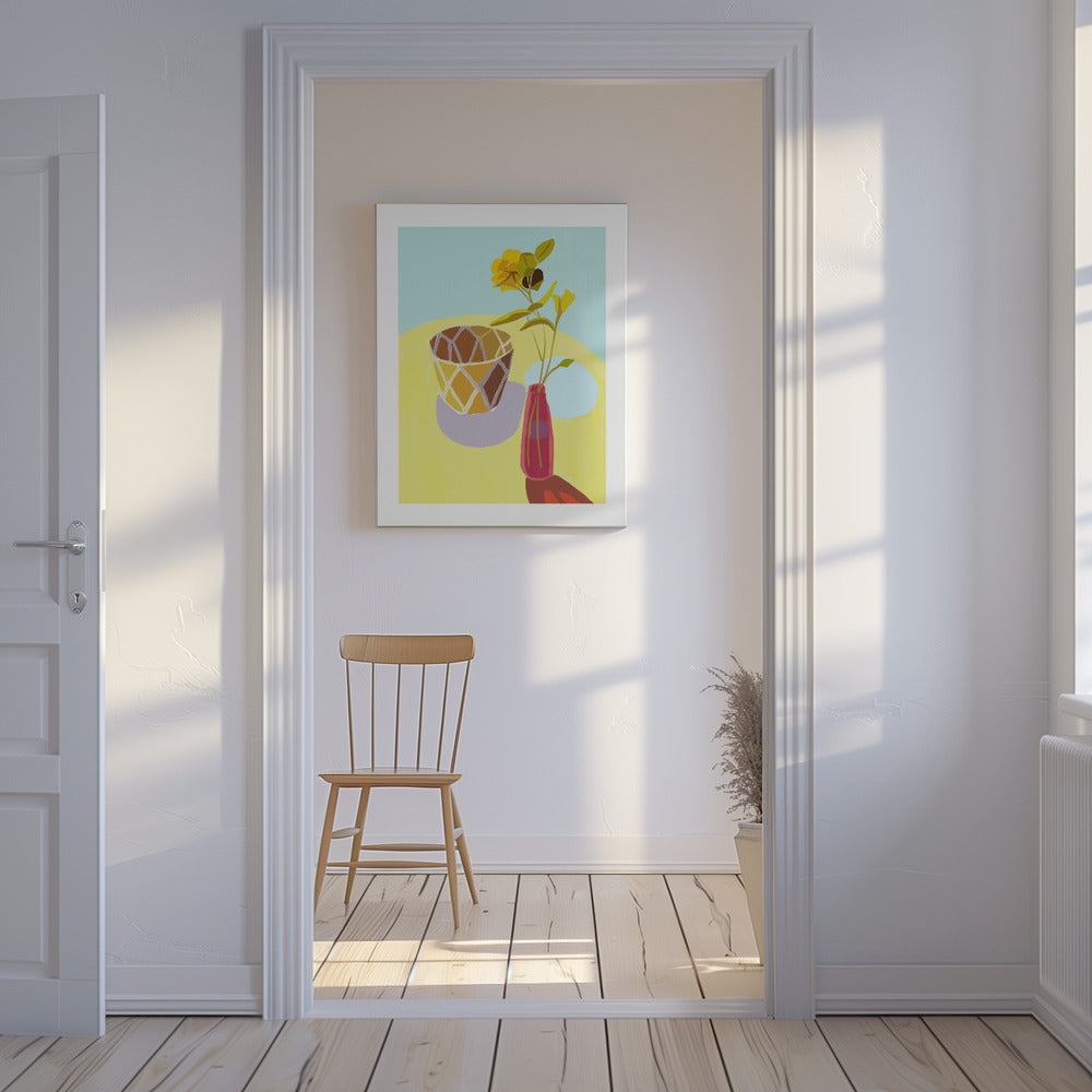 Gelbe Blumen in einem roten Topf | Leinwand