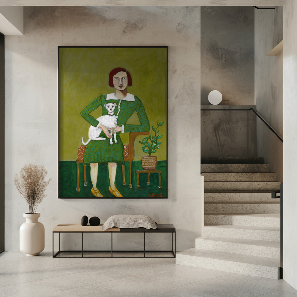 Vintage Dame mit ihrem weißen Hund | Poster