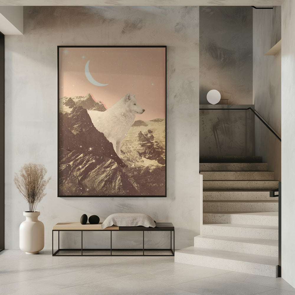 Riesiger weißer Wolf in den Bergen | Poster