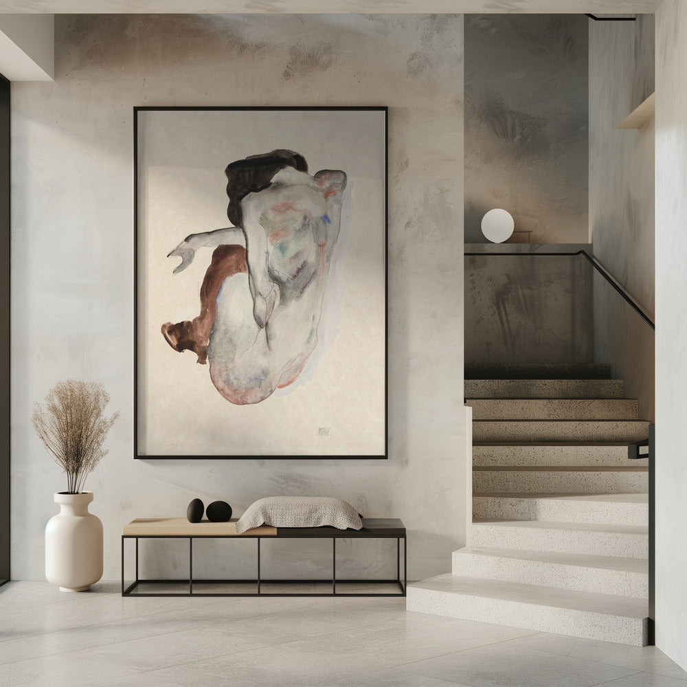 Hockender Akt in Schuhen und schwarzen Strümpfen 1912 | Poster