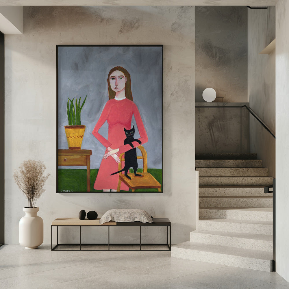 Katzendame mit schwarzer Katze | Poster