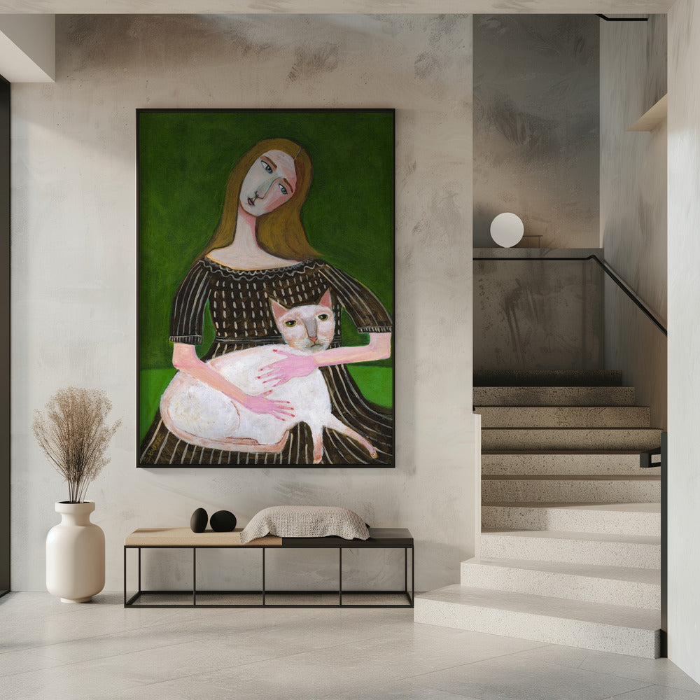 Vintage Dame mit weißer Katze | Poster